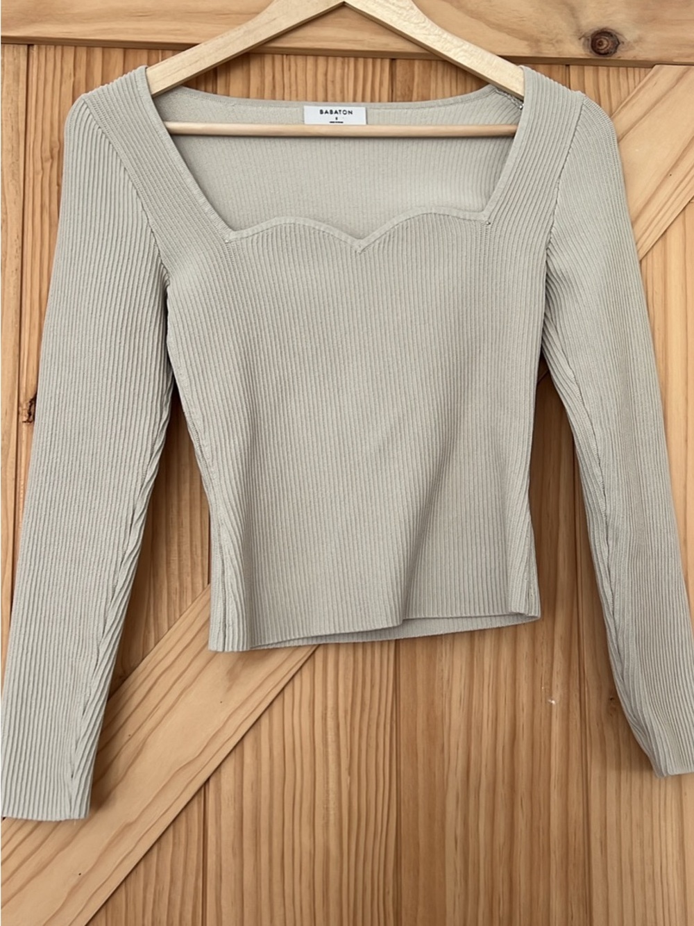 Babaton Scalloped Square-Neck Ribbed Long Sleeve Top in Light Beige